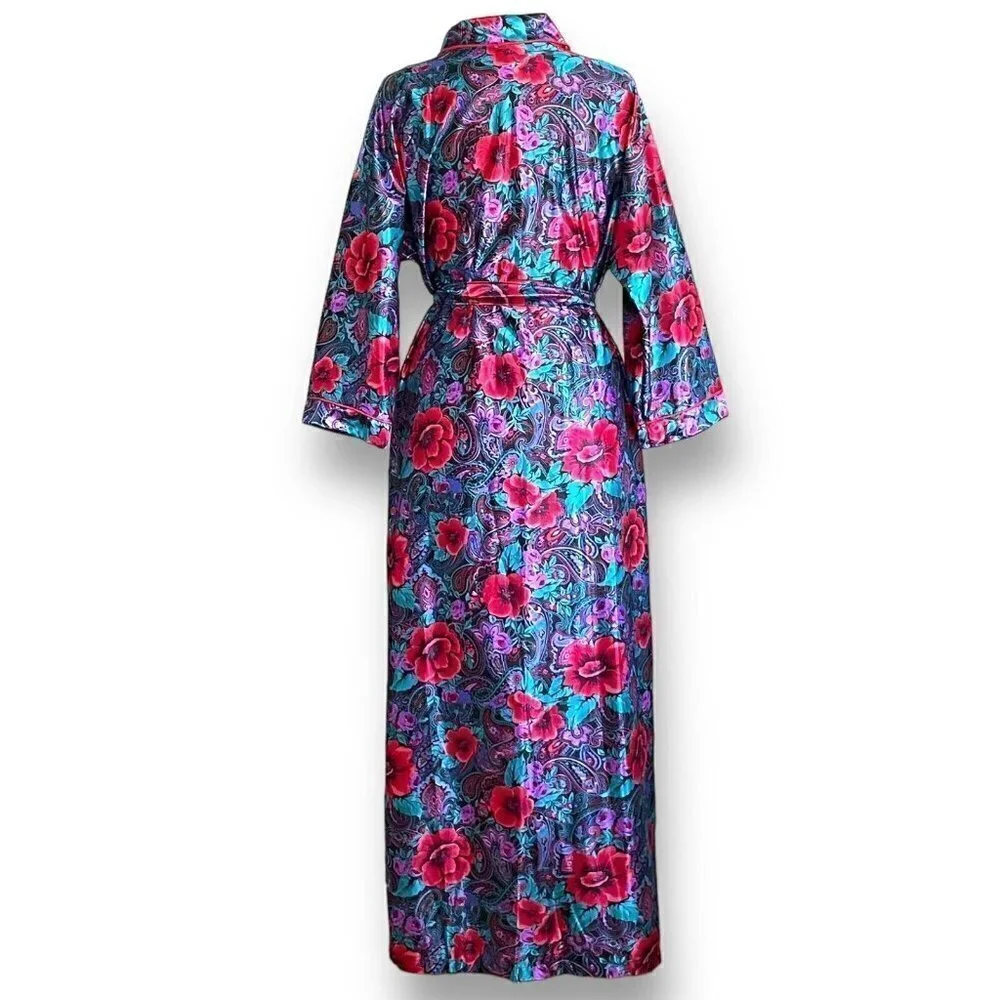 Vintage 1980s Lorraine Robe Nightgown Peignoir Set S M Red Purple Floral Paisley